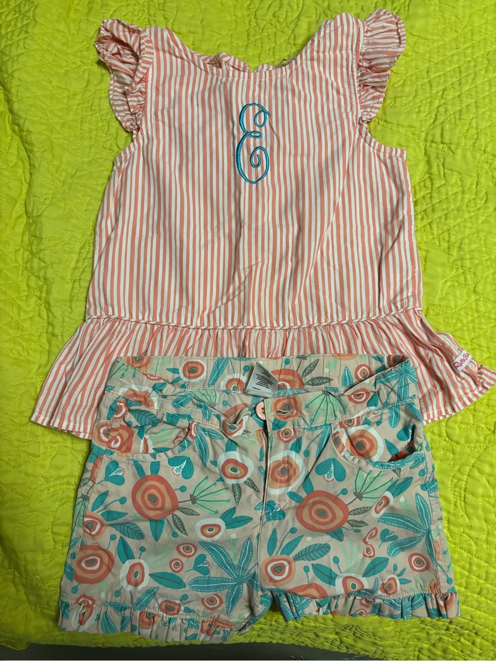 Ruffle Butts Peach Stripe Ruffle Peplum Top with Teal Monogram of E and shorts